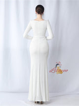 Long Sleeve V-neck Sequins Split Prom Dress