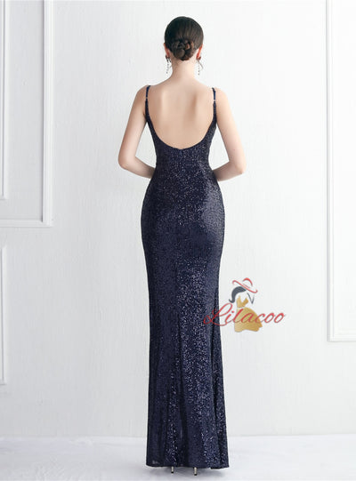 Straps Sequins Split Prom Dress