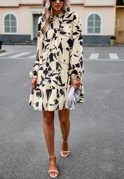 Printed Long-sleeved Short Dress