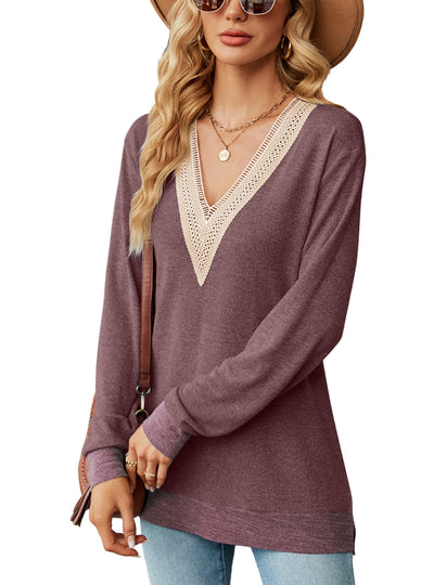 V-neck Contrast Split Loose Long Sleeve T-shirt