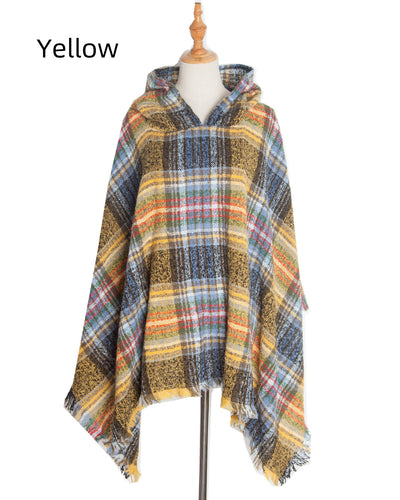 Double-sided Plaid Hooded Cloak Shawl