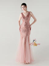Mermaid Tulle Sequins V-neck Prom Dress