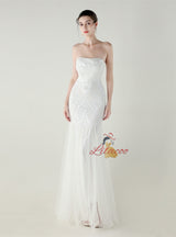 Sequins Tulle Strapless Beading Prom Dress