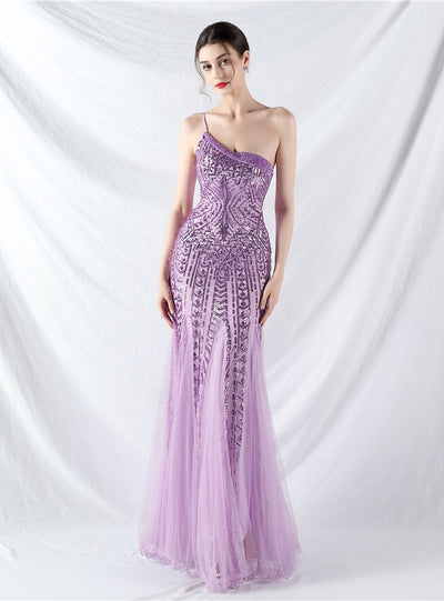 Mermaid Sequins One Shoulder Beading Prom Dress