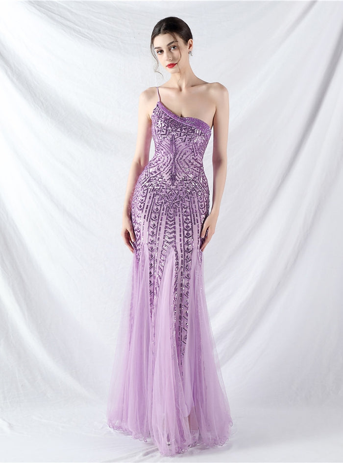 Mermaid Sequins One Shoulder Beading Prom Dress