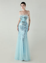 Mermaid Sequins Tulle Strapless Prom Dress