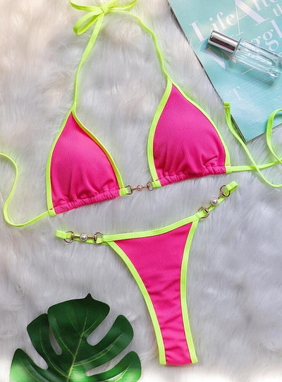 Sexy Patchwork Metal Accessories Pearl Swimsuit