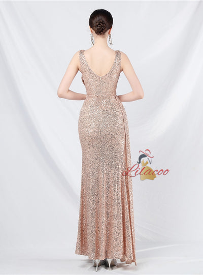 V-neck Sequins Split Prom Dress