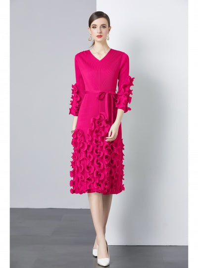 Slim V-neck Ruffled Wood Ears Dress