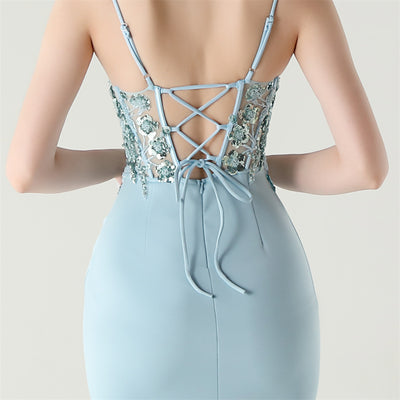 Mermaid Spaghetti Straps Appliques Split Prom Dress