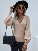 Cross V-neck Solid Color Pullover Loose Sweater