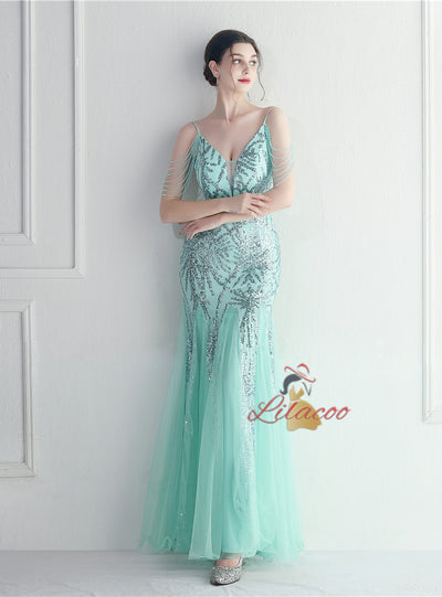 Mermaid Sequins Tulle Spaghetti Straps Beading Prom Dress