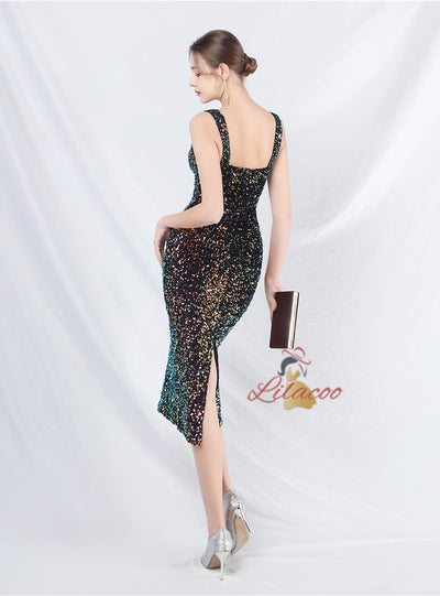 Sheath Sequins Straps Tea Length Prom Dress