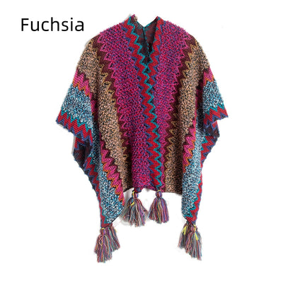 Ethnic Color Knitted Split Shawl