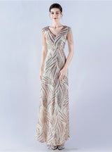 V-neck Sequins Cap Sleeve Beading Sequins Prom Dress