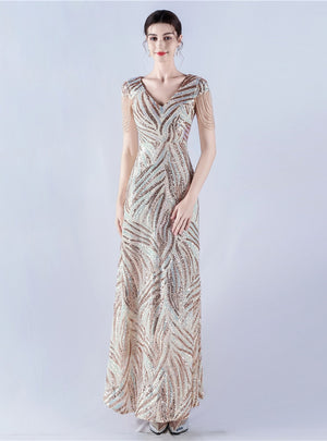 V-neck Sequins Cap Sleeve Beading Sequins Prom Dress