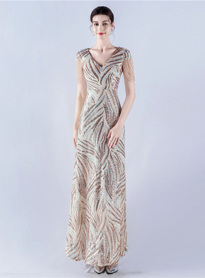 V-neck Sequins Cap Sleeve Beading Sequins Prom Dress