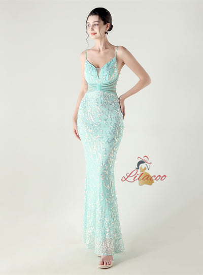 Mermaid Spaghetti Straps Sequins Beading Prom Dress