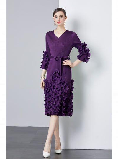 Slim V-neck Ruffled Wood Ears Dress