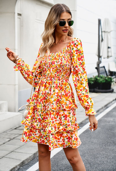 Holiday Leisure Floral V-neck Long Sleeve Dress