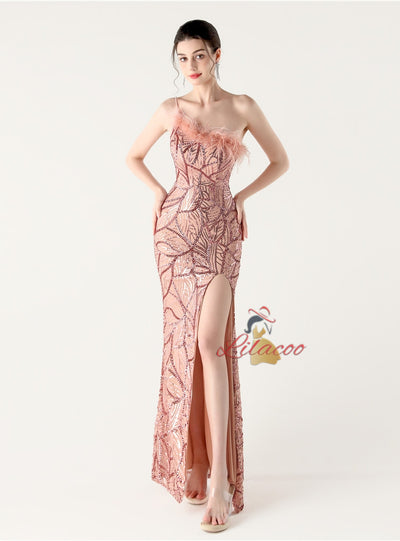 Mermaid One Shoulder Sequins Feather Prom Dress