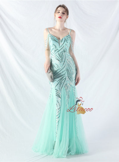 Spaghetti Straps Sequins Beading Prom Dress