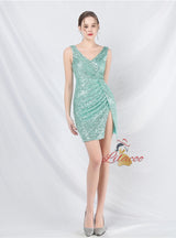 V-neck Sequins Split Short Prom Dress