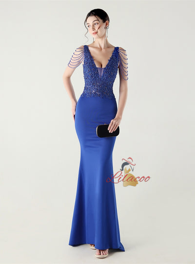 Mermaid V-neck Appliques Beading Prom Dress
