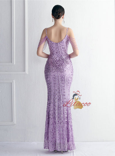 Sequins Mermaid Spaghetti Straps Beading Prom Dress