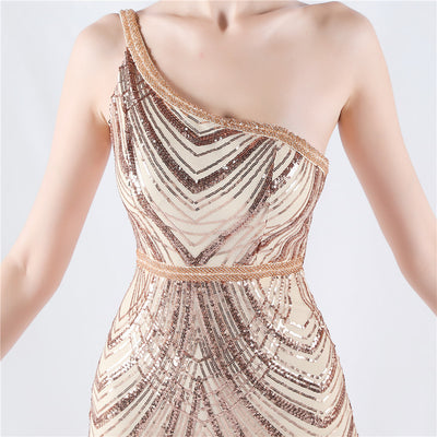 Mermaid Sequins One Shoulder Beading Prom Dress