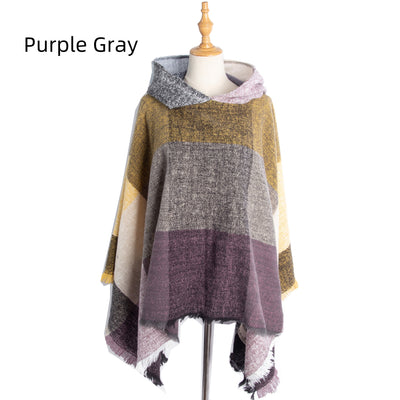 Plaid Pullover Cape Hooded Cape Shawl