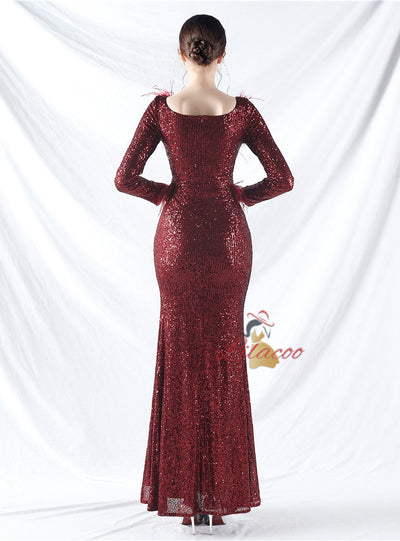 Long Sleeve Mermaid Sequins Split Prom Dress