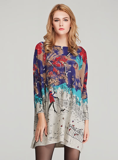 Women's Loose Printed Pullover Long Sleeve Sweater