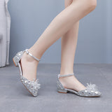 Flat-heeled Pointed Crystal Buckle Bridal Shoes