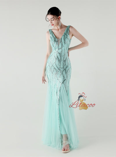 Mermaid Tulle Sequins V-neck Prom Dress