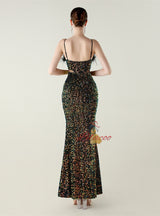 Black Sequins Spaghetti Straps Feather Prom Dress