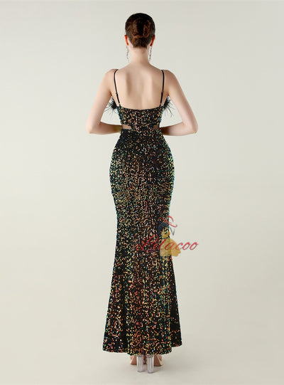 Black Sequins Spaghetti Straps Feather Prom Dress