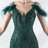 Spaghetti Straps Sequins Feather Prom Dress