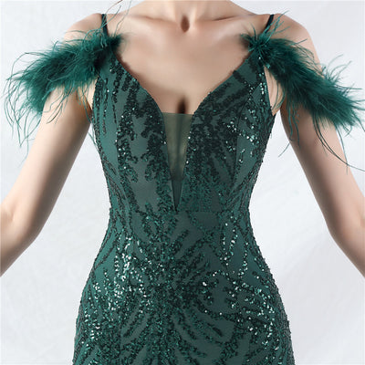Spaghetti Straps Sequins Feather Prom Dress