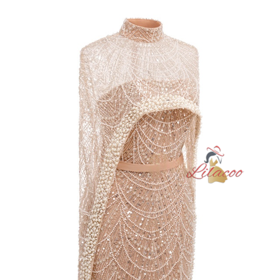Champagne Tulle Beading Shawl Prom Dress