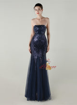 Sequins Tulle Strapless Beading Prom Dress