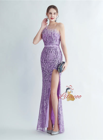 Mermaid Sequins One Shoulder Beading Split Prom Dress