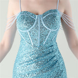 Mermaid Sequins Spaghetti Straps Pleats Beading Prom Dress