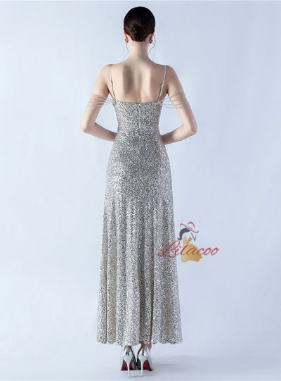 Spaghetti Straps V-neck Beading Prom Dress