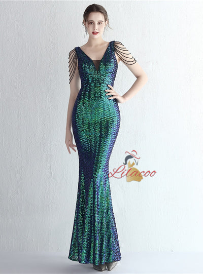 Mermaid Sequins V-neck Beading Prom Dress