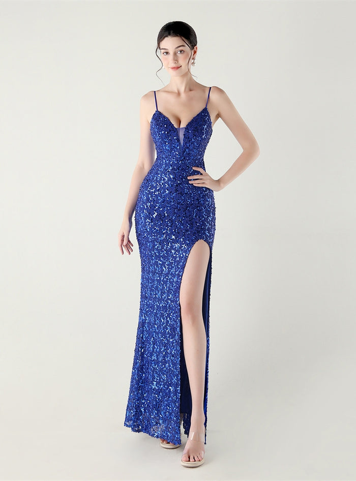 Spaghetti Straps Sequins Split Prom Dress