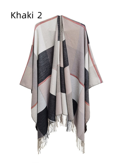 Fringed Double-sided Plaid Split Shawl