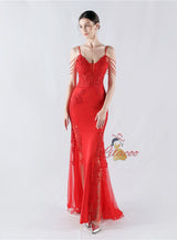 Mermaid Sequins Spaghetti Straps Appliques Prom Dress