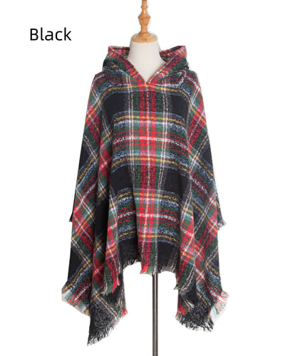 Double-sided Plaid Hooded Cloak Shawl