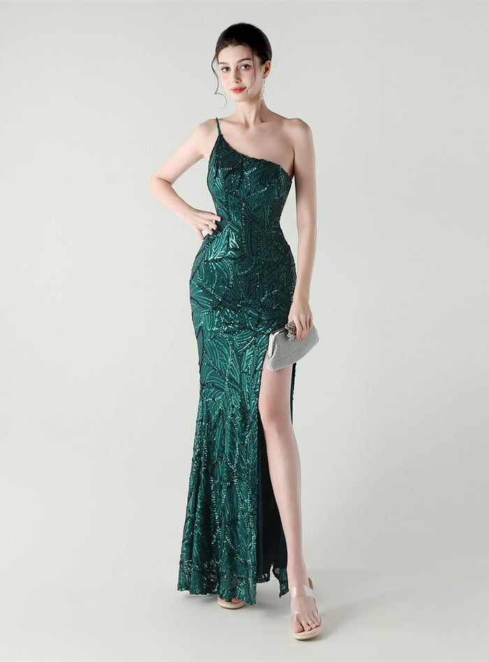 Mermaid One Shoulder Sequins Split Prom Dress